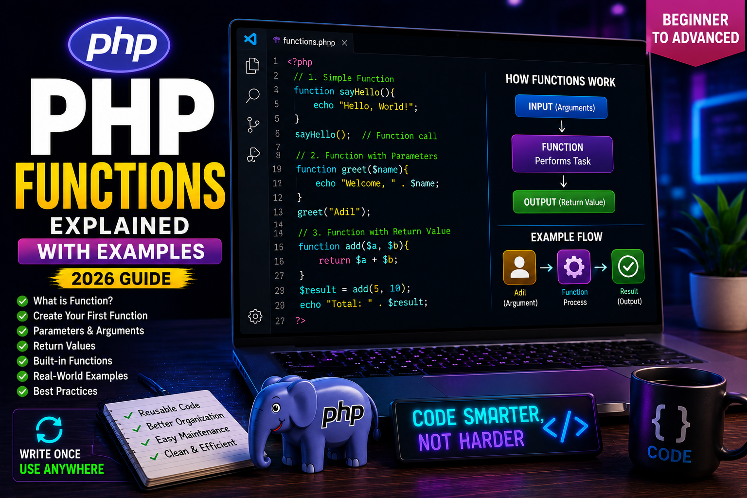 php function PHP Functions Explained with Examples (Beginner Guide 2026)